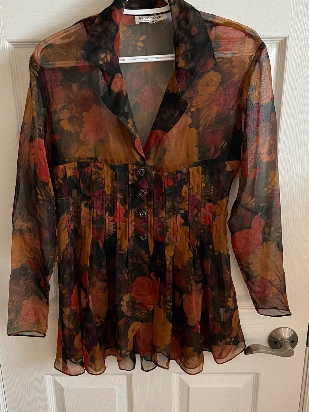 le chateau Sheer Floral Button-Up Blouse in Black, Rust, and Gold-Tones